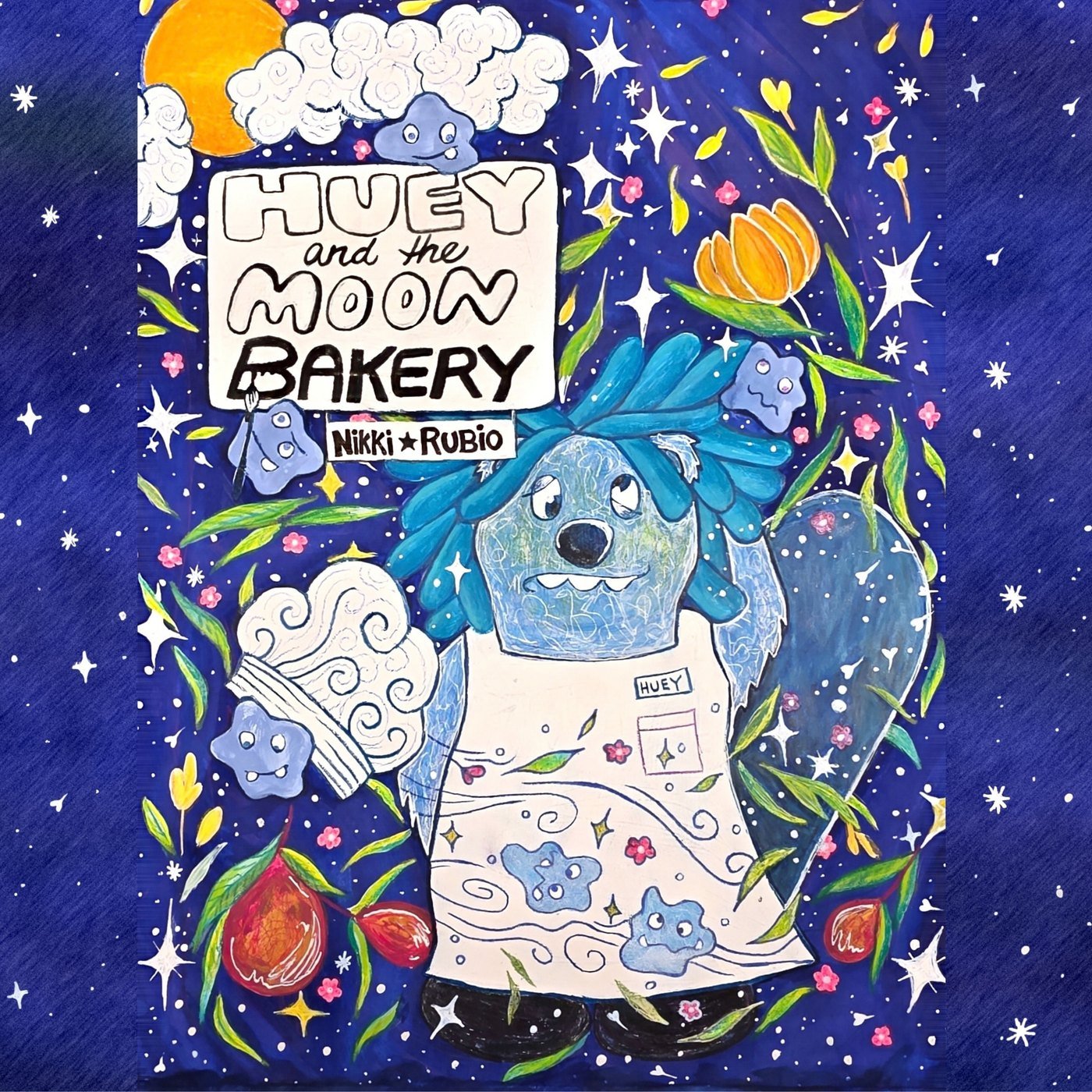 The cover of Huey and the Moon Bakery: Huey in his apron under a starry navy sky, with the hand-lettered title and Nikki Rubio's name.