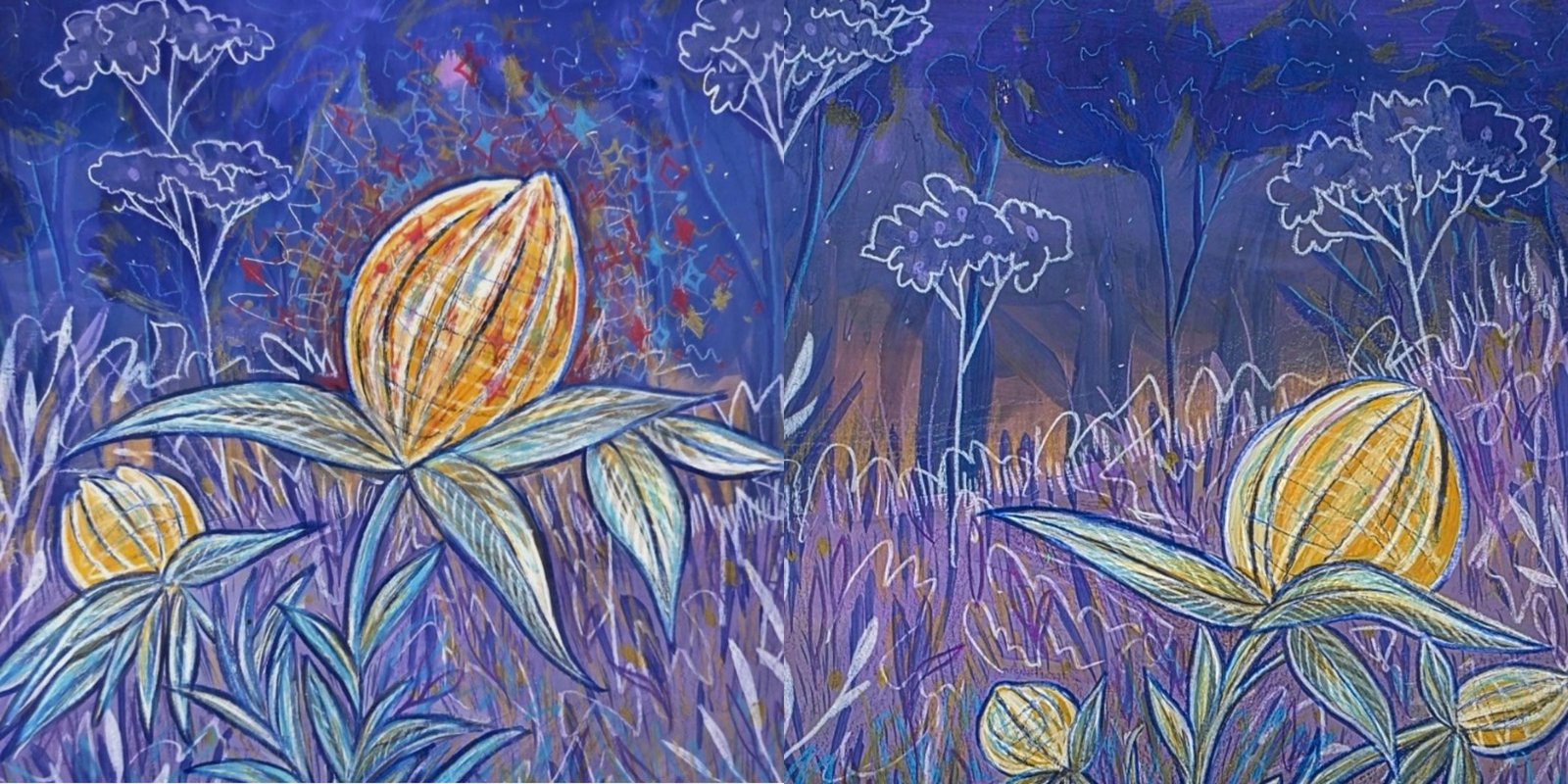 The forest at night, starfruit ripening in the violet grass under white-drawn trees. The endpapers of the book.