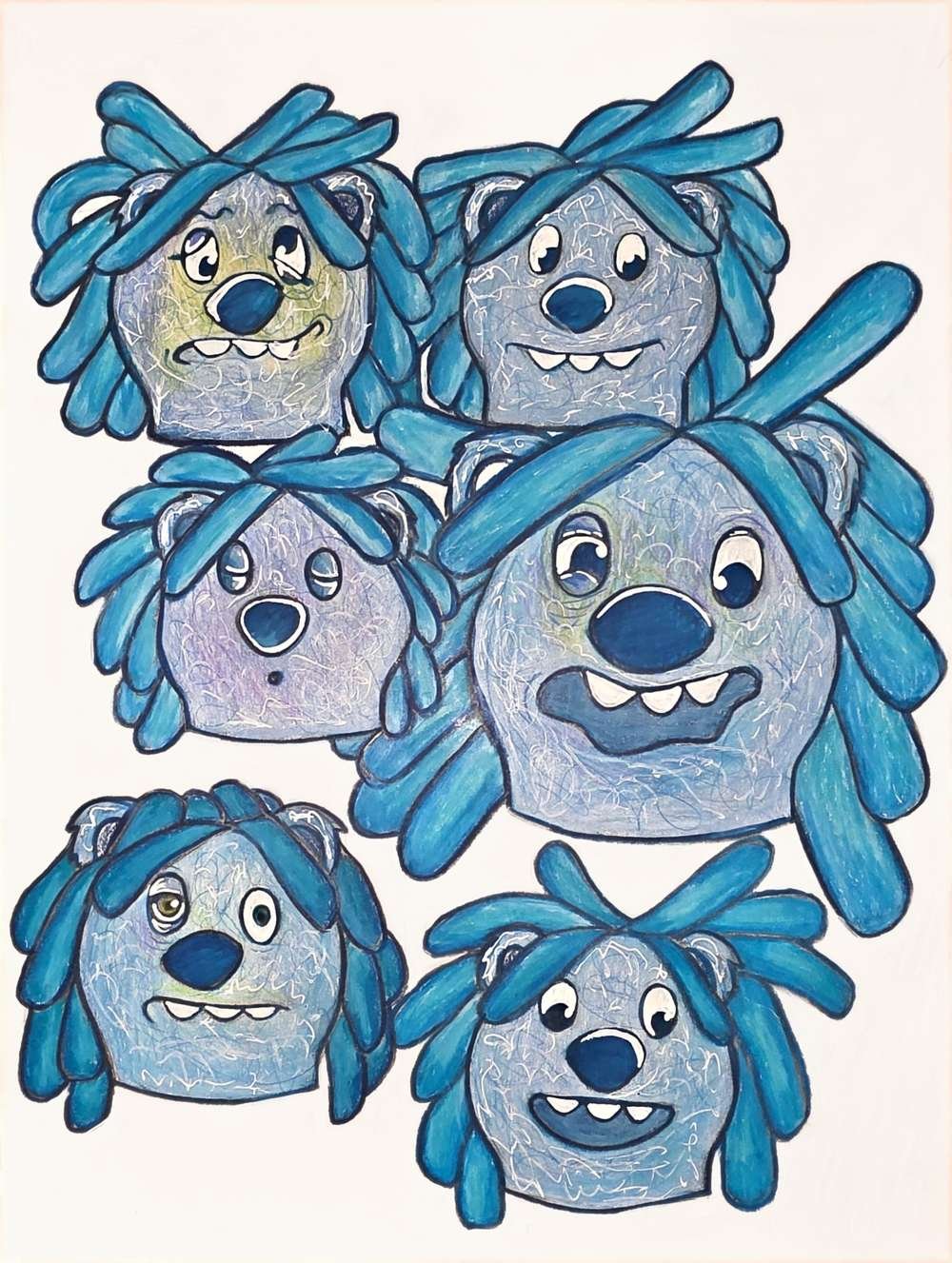 Six painted expressions of Huey, from strained to delighted.