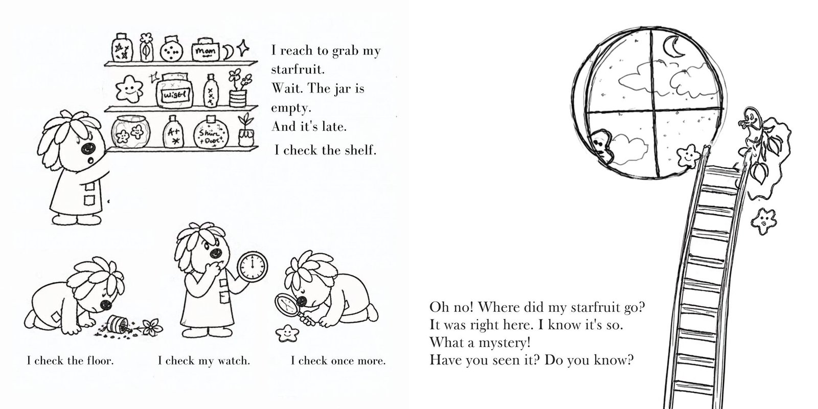 Empty pantry shelves, and Pickle Joe escaping out of the window with the stolen starfruit.
