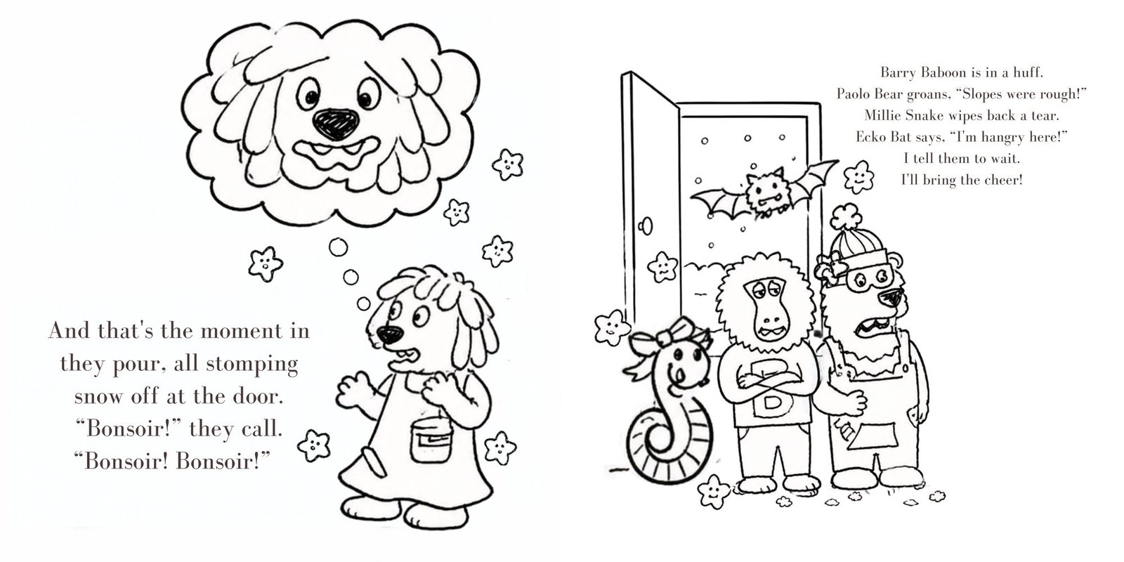 The guests arriving at the bakery while Huey thinks about cocoa.